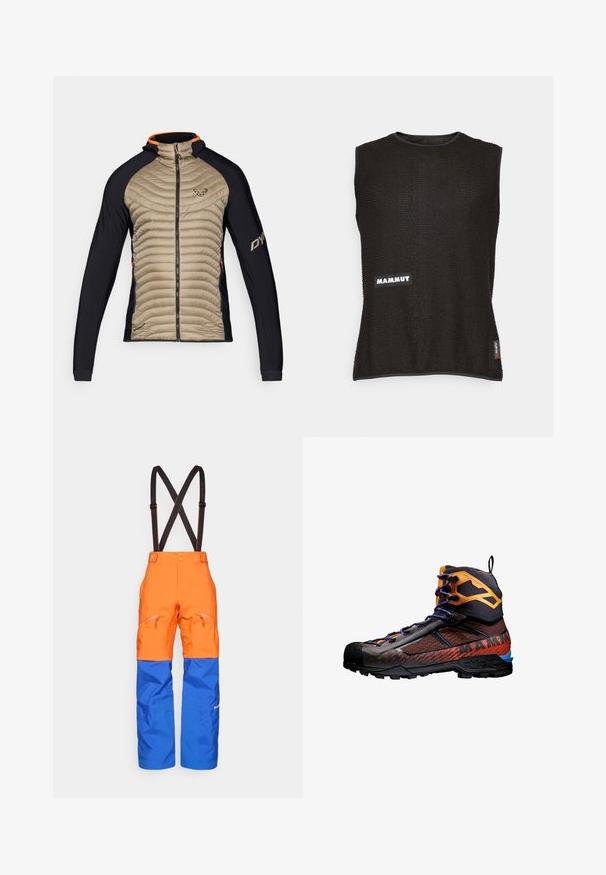 Gevoerde jas met een beige, gequilte voorkant en zwarte stretchpanelen. Het heeft een capuchon, een rits aan de voorkant en oranje accenten op de kraag.; Mouwloze zwarte top van textiel met een gestructureerd materiaal, voorzien van een witte "Mammut"-logo en een klein rood accentlabel aan de zijkant, met een ronde halslijn.; Oranje en blauwe waterdichte broeken met zwarte verstelbare bretels, voorzakken met rits en verstevigde knieën voor buitenactiviteiten.; Zwarte en oranje wandelboot van mesh en rubber materialen. Beschikt over blauwe accenten, textuurpatronen en een hoge enkelontwerp voor ondersteuning.