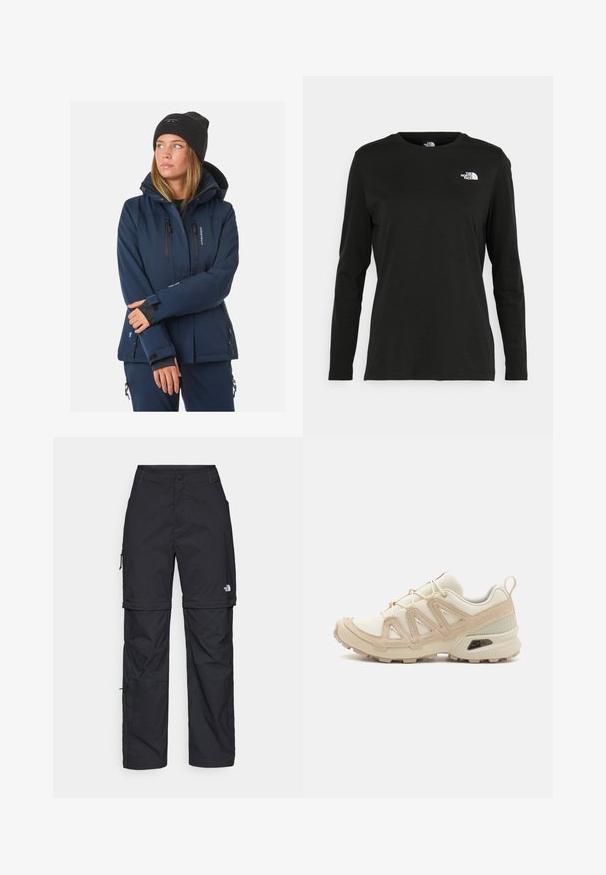 Tummansininen eristävä takki irrotettavalla hupulla, vetoketjullisilla taskuilla ja säädettävillä hihansuilla. Ominaisuuksia ovat tyylikäs, kestävä kangas ja moderni istuvuus.; Musta pitkähihaisen t-paita, joka on valmistettu puuvillasta ja jossa on pyöreä kaula-aukko. Vasemmassa rinnassa on pieni valkoinen logo. Yksinkertainen muotoilu ja istuvuus.; Mustat nailonista valmistetut irrotettavat cargo-housut säädettävillä lahkeilla, useilla taskuilla ja logolla oikeassa jalassa. Liukas, kevyt rakenne.; Beige ja kreemi värvi sportlikud jalanõud, millel on tekstiilne mesh ülemine osa, toetavad ülekatted ja kummist tald, millel on mustripattern haardeks.