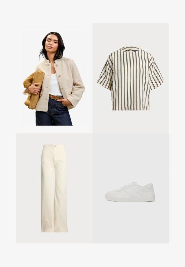 Beige villa-sekoitettu takki, jossa on korkea kaulus, kultaiset nappikiinnitykset ja etutaskut, yhdistettynä vaaleanruskeaan mokkasiinilaukkuun sekä korkeavyötäröisiin tummiin farkkuihin.; Lyhythihainen, raidallinen paita kirkas- ja tummansinisen sävyissä, jossa on pyöreä pääntie ja laatikkomainen muotoilu tekstuuritetussa kankaassa.; Polo Ralph Lauren COTTON CORDUROY WIDE-LEG PANT - Housut - warm white; Valkoinen nahkakengät litteillä nauhoilla, pyöristetyt varpaat ja hienovaraiset ompeluyksityiskohdat. Varustettu tekstuurilla varustetulla pohjalla ja kohokohtaisella brändilogolla kantapäässä.