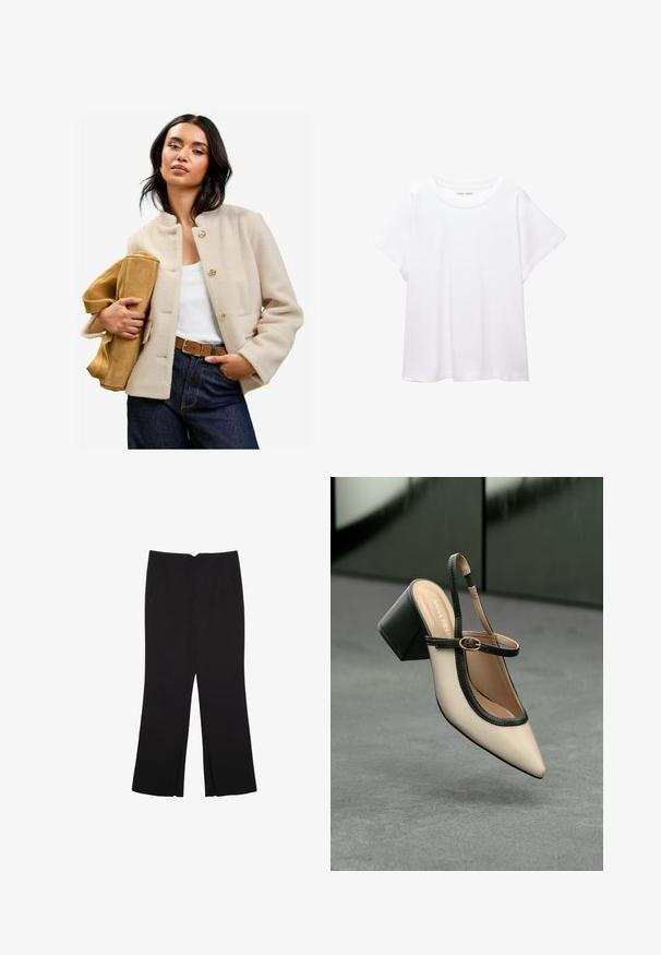 Beige villa-sekoitettu takki, jossa on korkea kaulus, kultaiset nappikiinnitykset ja etutaskut, yhdistettynä vaaleanruskeaan mokkasiinilaukkuun sekä korkeavyötäröisiin tummiin farkkuihin.; Valkoinen T-paita, joka on valmistettu pehmeästä ja kevyestä kankaasta. Omistaa pyöreän kaula-aukon ja lyhyet, leveät hihat rentoa istuvuutta varten. Ei näkyviä kuvioita.; Mustat housut suoralinjaisella leikkauksella, joissa on etutaskut ja sivurei'ät helman alla. Valmistettu pehmeästä ja sileästä kankaasta. Sopii eri tilaisuuksiin.; Beige satiininilkkainen korkokenkä, jossa on kärkiosa käyrästi terävä, mustat reunukset ja solkisomiste. Sileä materiaali mattapintaisena, keskikorkea lohkokorko.