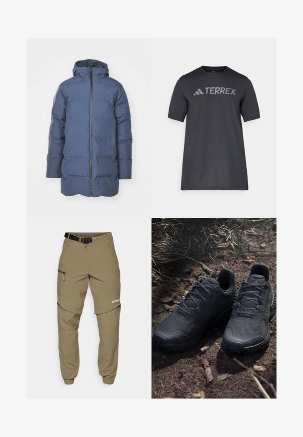 Patagonia JACKSON GLACIER PARKA - Abrigo de plumas - smolder blue; Camiseta negra de manga corta hecha de un tejido ligero, con un logotipo en gris claro "TERREX" en el pecho y cuello redondo.; Pantalones de campo color caqui con un cinturón negro ajustable, bolsillos con cremallera, puños ajustados y piernas inferiores desmontables para un estilo versátil.; Zapatos deportivos negros con una parte superior de punto texturizado, puntera reforzada y suela acolchada, exhibidos sobre un suelo terrizo con ramitas dispersas.