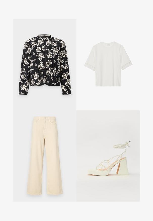 Quilted black jacket with white floral pattern, round neckline, and two front pockets, finished with contrasting trim and snap closures.; White short-sleeve t-shirt made from cotton, featuring decorative lace trim along the sleeves and a round neckline.; Beige wide-leg jeans made of cotton. Features a button closure, belt loops, and front pockets with a smooth, soft texture.; White high-heeled sandal with a chunky heel, featuring a strappy design and ankle tie. Smooth texture with a platform front for added height.