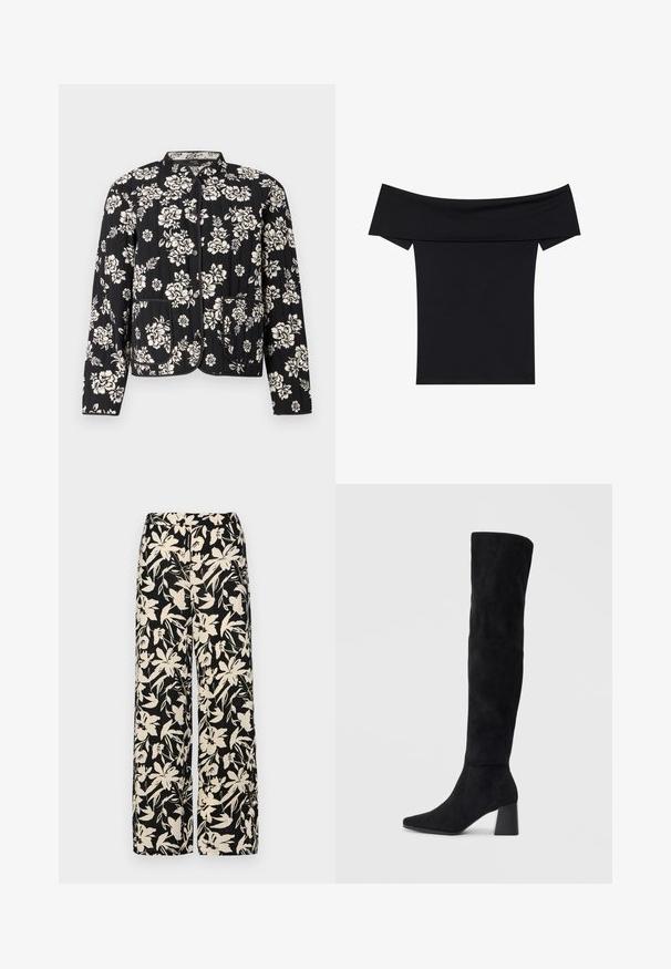 Tűzött fekete dzseki fehér virágmintával, kerek nyakkivágással és két elülső zsebbel, kontrasztos díszítéssel és patentos zárással.; Fekete, vállnál szabott felső, puha, rugalmas anyagból készült. Rövid ujjakkal és fitted sziluettel rendelkezik. Egyszerű, varrás nélküli kialakítás.; Fekete, bő szárú nadrág krém színű virágmintával. Könnyű anyagból készült, sima tapintású és magas derékrésszel rendelkezik.; Fekete nubuk térd fölé érő csizma, tömbsarokkal, hegyes orral és sima, varrat nélküli dizájnnal, világos háttérrel.