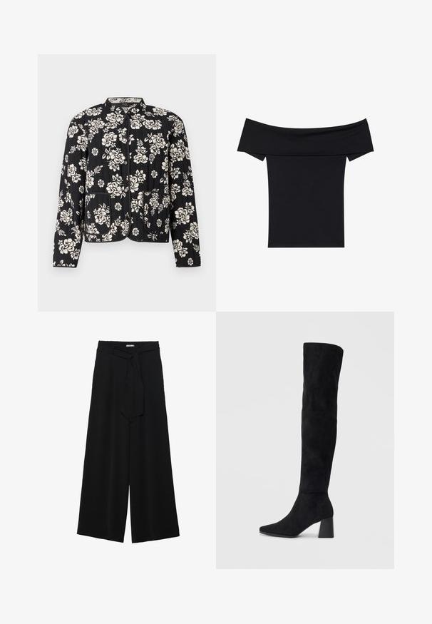 Mustat tikatut takit, joissa on valkoinen kukkakuosi, pyöreä kaula-aukko ja kaksi etutaskua, jotka on viimeistelty kontrastivärisellä reunalla ja napituskiinnityksellä.; Mustat olkaimeton paita, joka on valmistettu pehmeästä joustavasta kankaasta. Ominaisuuksiin kuuluvat lyhyet hihat ja kirkas istuvuus. Yksinkertainen, saumatoin muotoilu.; Mustat leveät housut, joissa on teksturoitu kangas, joustava vyötärö ja irrotettava nauha vyötäröllä säädettävää istuvuutta varten.; Musta samettinen polvipitkä saapas, jossa on lohkarekorko, terävä nilkka ja sileä, saumatonta muotoilua tasaisella vaalealla taustalla.