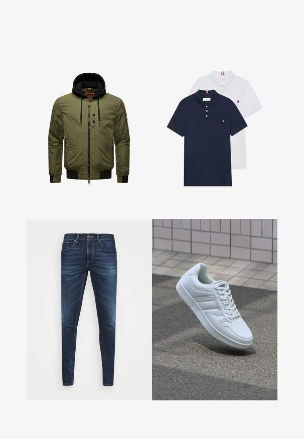 Olive rohelise värvi bomber-jakk, millel on tõmblukk ees, must kapuutsiga särk, soonikud mansettides ja hellel, ning kaks külgtaskut. Vasakul käel on patš.; Kaks polo särki: üks tumesinine ja üks valge, mõlemal on rinnataskul ja krael väike punase, valge ja sinise aktsent.; Tumedat sinised teksad kitsas lõikes, kerge kulumisega, viie taskuga ja metallnööbiga sulgemine. Õmmeldud aktsendid kontrastsetes värvides.; Valge spordijalanõud silederja nahkvarrega, ninast paeltega, perforatsiooni tõttu ventilatsiooniga ning mustrilise tallaga. Minimalistlik disain, millel on kolm külgmist triipu.