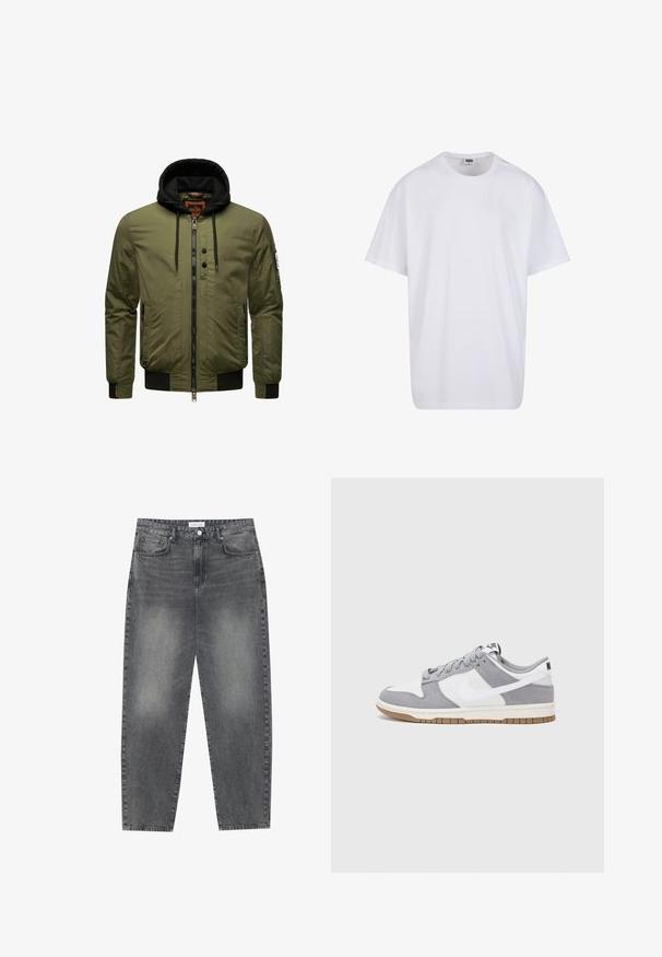 Olīvu zaļa bomber jaka ar rāvējslēdzēju priekšā, melna kapuce, ribotām piedurknēm un apakšmalu, kā arī divām sānu kabatām. Uz kreisā roka atrodas pērlīte.; Balta kokvilnas T-kreklu ar īsām piedurknēm, apaļu kakla izgriezumu, brīvu piegriezumu un bez redzamām logo vai rakstiem. Gluda tekstūra un minimālistisks dizains.; Augsta vidukļa, platā stila džinsi izbalējušā melnā denima. Ar pieciem kabatām, jostas cilpām un tīru, taisnu kāju dizainu.; Pelēki un balti sporta apavi ar zamšādas un ādas virsu, noapaļota purngala, plakaniem šņorēm un gumijas zoli ar gumijas akcentu.