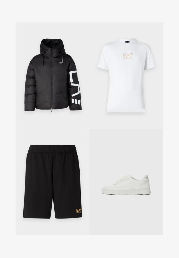 Svart puffjacka med hög krage, dragkedja fram och överdimensionerad huva. Har en vit logotyp på vänster arm och kviltad textur.; Vit bomull t-shirt med rund halsringning och korta ärmar, med en guld EA7 Emporio Armani-logotyp tryckt på framsidan.; Svarta träningsshorts i mjukt tyg, med ett elastiskt midjeband och en liten gul EA7-logotyp på nedre vänstra benet.; Vita lädersneakers med en jämn yta, rund tå, platta snörningar och en strukturerad sula. Har en diskret logotyp på hälen.