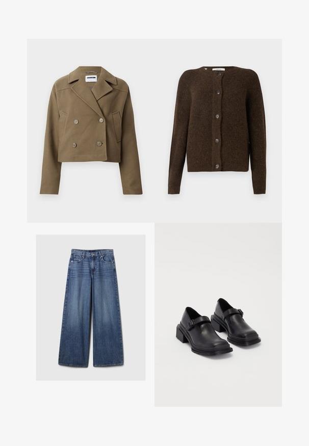 Cropped double-breasted jacket in olive green, made of textured fabric. Features large buttons and a pointed collar, with side pocket detail.; Brown knitted cardigan made of soft material, featuring a round neckline, front buttons, and long sleeves. Textured finish throughout.; Teal blouse with a collared neckline, button front, and long sleeves. Made from textured fabric with gathered cuffs.; Wide-leg blue denim jeans with a faded finish, featuring a button and zipper closure, five pockets, and belt loops.; Black leather shoes with a rounded toe, flat sole, and a strap with a buckle detail. Chunky block heel for added stability.