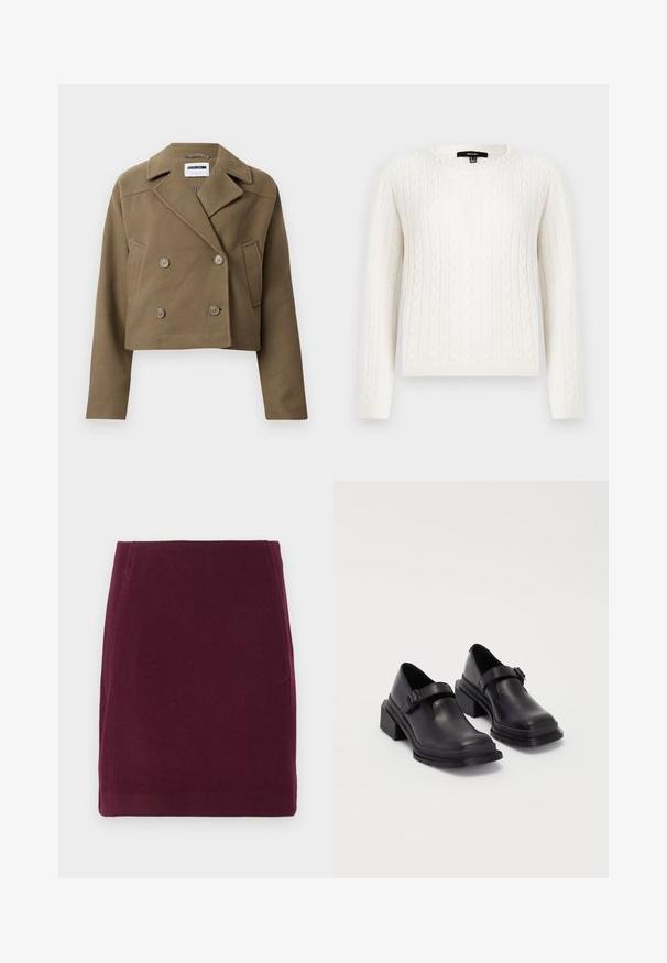 Lyhennetty kaksirivinen takki oliivinvihreänä, valmistettu teksturoidusta kankaasta. Ominaisuuksiin kuuluu suuret napit ja terävä kaulus sekä sivutaskut.; Valkoinen kabelineulepullovaihtoehto, jossa on pitkät hihat, pyöreä pääntie ja koristeellinen helmiyksityiskohta kauluksessa. Pehmeä tekstiili ja istuva muotoilu.; Vero Moda VMFORTUNALLISON SHORT - A-linjainen hame - winetasting; Mustat nahkakengät, joissa on pyöreä varvas, litteä pohja ja soljellinen hihna. Paksu lohkopohja lisää vakautta.