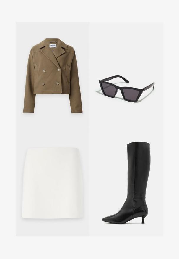 Skórzana kurtka z podwójnym zapięciem w kolorze oliwkowym, wykonana z teksturowanej tkaniny. Posiada duże guziki i spiczasty kołnierz, z detalem kieszeni po bokach.; Długi czarny top z miękkiego materiału, z szerokim dekoltem i nieco luźnym krojem, bez widocznych wzorów ani elementów metalowych.; Biała, dopasowana mini spódnica o gładkiej fakturze i prostych liniach. Brak widocznych wzorów i akcesoriów. Prosty dół.; Zign - Kozaki; Czarne, kanciaste okulary przeciwsłoneczne z szarymi soczewkami; wykonane z plastiku, z grubymi zausznikami o gładkiej powierzchni i bez widocznych elementów metalowych.