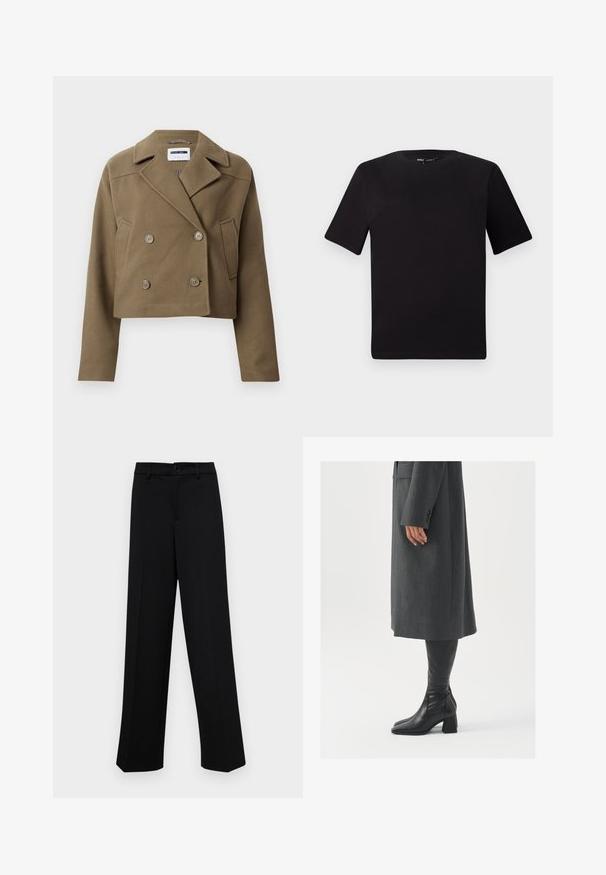 Lühendatud kahe nööbiga jakk oliivrohelises värvitoonis, valmistatud tekstureeritud kangast. Omab suuri nuppe ja teravat kraed, küljetaskute detailiga.; Must olema lühikeste varrukatega must t-särk ümmarguse kaelusega, valmistatud pehmest puuvillast kangast. Lihtne disain, ilma nähtavate logode või mustriteta.; Musta laiad püksid siledast kangast, millel on klassikaline vöökoht, nööbiga sulgemine ja ees voldid.; Hallhalline, kohandatud ülikond jakk sirge lõikega; kombineeritud kuni põlveni ulatuvate mustade nahast saapadega, millel on nelinurkne varvas ja paks konts.