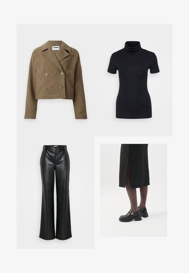 Giacca a doppio petto tagliata, di colore verde oliva, realizzata in tessuto testurizzato. Presenta grandi bottoni e un colletto appuntito, con dettagli delle tasche laterali.; Maglione a collo alto nero a coste, maniche corte, design aderente, texture morbida, cuciture minime e colletto alto.; ONLY Tall ONLSMOOTH WIDE - Pantaloni - black; Scarpe in pelle nera con punta arrotondata, tacco spesso a blocco e accenti laterali in elastico, abbinate a collant scuri e una gonna nera con uno spacco.