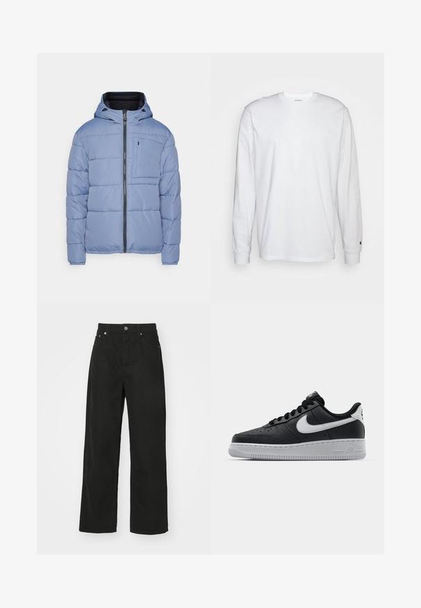 Šviesiai mėlynas pūkinis švarkas su kapišonu, turintis užtrauktuką ir krūtinės kišenę, sklandžią tekstūrą ir horizontalių siūlių detales.; Balta, ilga rankovė T-maiša, pagaminta iš medvilnės. Apvalios iškirptės dizainas su raukiniais ant rankovių ir nedidelis logotipas ant kairės rankovės. Glotni tekstūra.; Juodi džinsai su tiesios kojos dizainu, turintys penkias kišenes, mygtuko uždarymą ir klasikiniu juosmeniu. Lygi tekstūra.; Juoda odinė sportinė avalynė su tekstūruota danga, balta Nike swoosh, pilkas padas, apvalus nosis ir raištelių užsegimas. Yra perforacijos ant nosies.