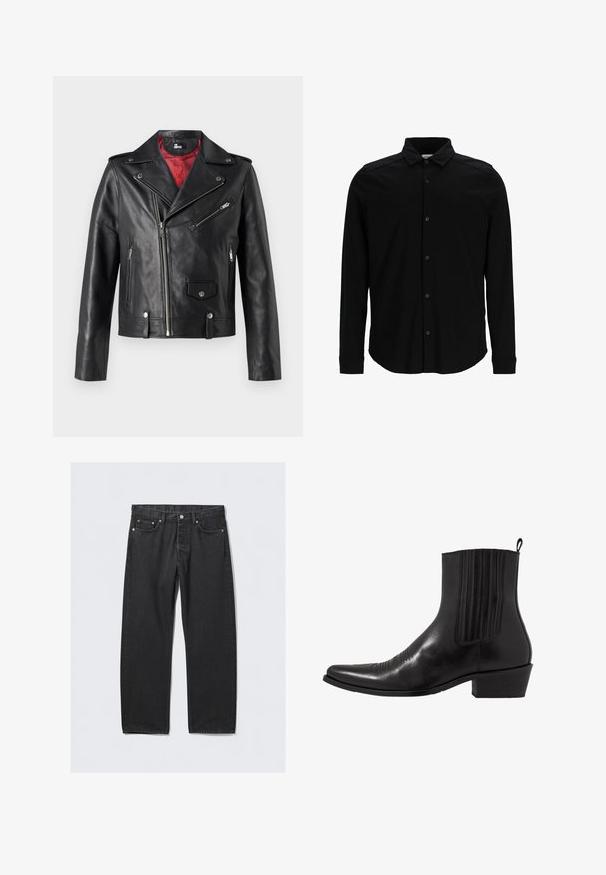 Zwart leren motorjack met zilveren ritsen en drukknoopsluitingen, voorzien van een rode binnenvoering en een asymmetrische voorkeursluiting.; Zwarte langmouwen shirt van gladde stof, met een knoopsluiting aan de voorkant, een kraag en een subtiel geborduurd logo op de borst.; Zwarte denim jeans met een rechte pijp, voorzien van een knoopsluiting, vijf zakken en hardwareaccenten in koperkleur. Soepele textuur.; Zwarte leren enkellaarzen met een spitse neus, elastische zijpanele, verticale stiksels en een lage blokhak.