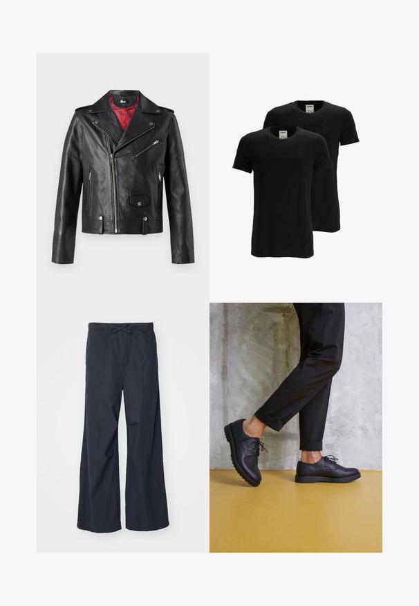 Sort læder bikerjakke med sølv lynlåse og trykknapper, der har en rød indvendig foring og asymmetrisk frontlukning.; To sorte bomulds T-shirts med rund hals, korte ærmer og et lille, broderet logo på brystet, med en glat, blød tekstur.; Bredde bukser i ensfarvet sort stof med en elastisk talje og snor, samt to sidelommer. Glat tekstur og afslappet design.; Sorte læder snørebåndssko med en rund tå, struktureret overflade og tyk gummisål. Båret med opklippede sorte bukser foran en betonbaggrund.