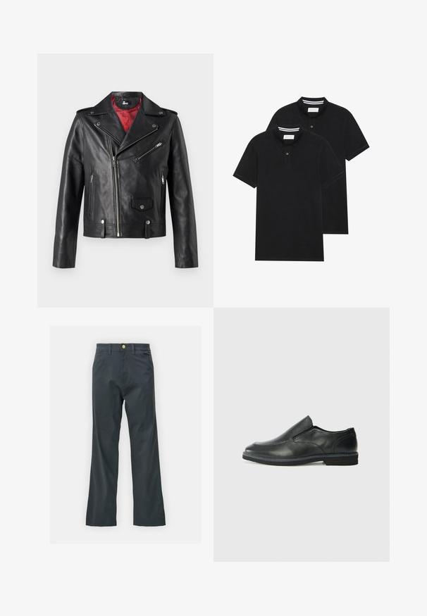 Sort læder bikerjakke med sølv lynlåse og trykknapper, der har en rød indvendig foring og asymmetrisk frontlukning.; To sorte polo T-shirts, kortærmede, lavet af bomuldsstof, med en klassisk krave, to-knaps placket og hvide stribede detaljer indeni kraven.; Sorte bukser med lige ben, lavet af en bomuldsblandingsstof. Har en metalknaplukning og sidelommer. Ingen synlige mønstre.; Sorte læder slip-on sko med en glat overdel, syede detaljer, rund tå og en lav gummihæl. Sålen har minimal profil.