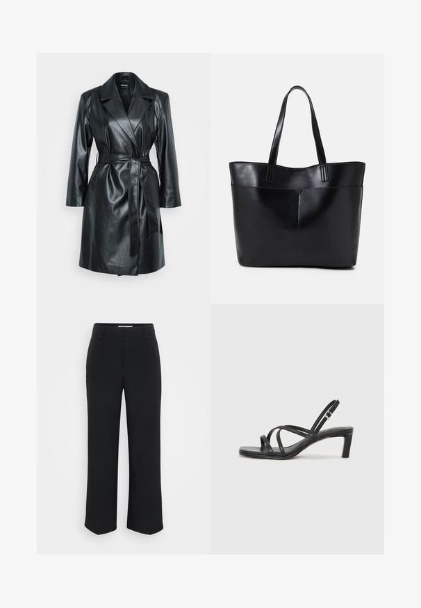 ONLY Petite ONLBINA WRAP - Ballonkabát - black; Fekete pamut póló, rövid ujjú, kerek nyakkivágású, laza szabású, sima textúrájú, egyszerű design, minta vagy kiegészítők nélkül.; Fekete, bő szabású nadrág sima textúrával, lapos derékrésszel és oldalsó zsebekkel, minimalista esztétikával tervezve.; Fekete pántos szandál négyzetes orral és alacsony blokk sarkal. Több vékony pánttal és állítható boka pánttal rendelkezik. Sima bőrből készült.; Fekete bőr bevásárlótáska két hosszú fogantyúval, sima felülettel és strukturált formával. Elülső zseb található rajta a plusz tárolás érdekében.