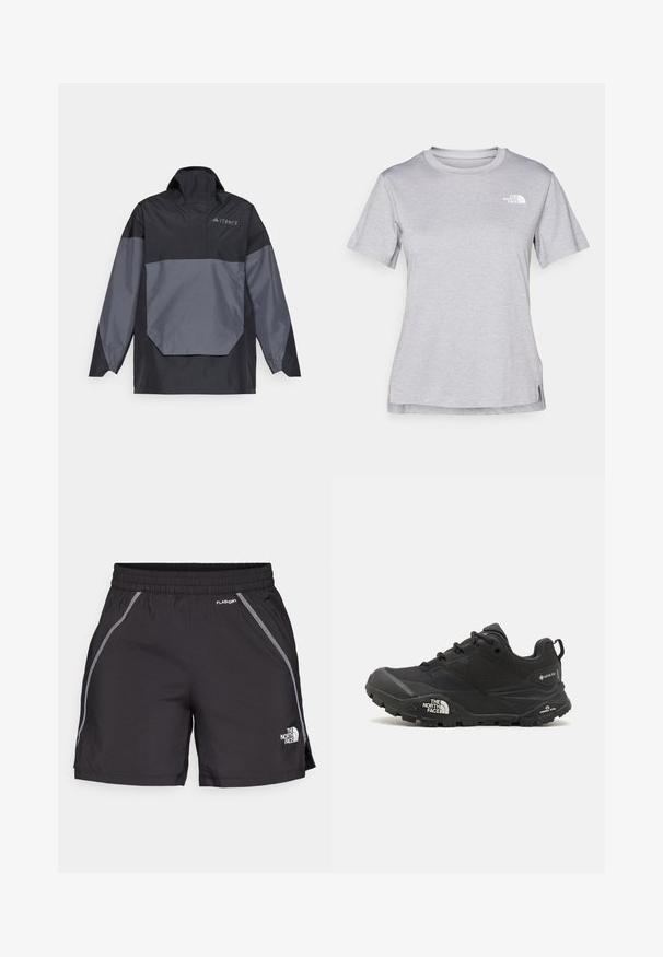Black and gray, lightweight pullover jacket with a high collar, long sleeves, and an angular front pocket. Features a logo on the chest.; Grey short-sleeve t-shirt made of soft, moisture-wicking fabric. Features a crew neck and a small white logo on the upper left.; Black athletic shorts made from lightweight material feature an elastic waistband, reflective detailing, and the logo "The North Face" on the left side.; Black hiking shoe with a textured upper, lace closure, and a chunky rubber sole featuring a prominent logo on the side and tread patterns.