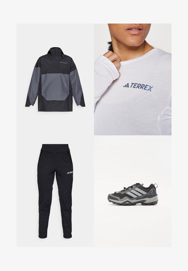Černá a šedá, lehká pulovrová bunda s vysokým límcem, dlouhými rukávy a šikmou přední kapsou. Obsahuje logo na hrudi.; Bílé triko s dlouhým rukávem se modrým logem "TERREX". Materiál je lehký a má strukturované síťované detaily na ramenou.; Černé sportovní kalhoty s hladkým materiálem, které mají přiléhavý střih, kapsy na zip a texturovanou část na dolní noze. Logo je vytištěno na přední straně.; Černá a šedá turistická bota s texturovaným povrchem, gumovou podrážkou a třemi výraznými šedými pruhy na straně; má systém rychlého šněrování.