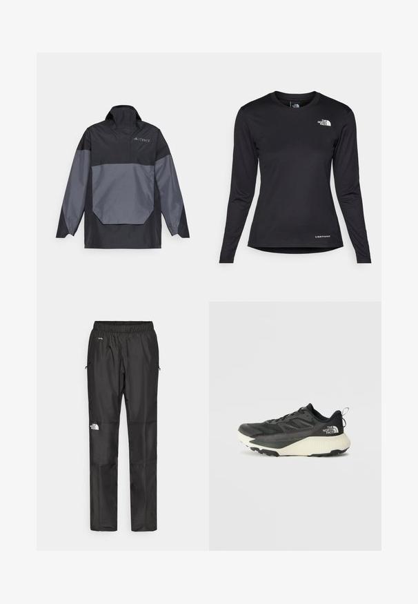 Schwarze und graue, leichte Pulloverjacke mit hohem Kragen, langen Ärmeln und einer winkligen Fronttasche. Mit einem Logo auf der Brust.; The North Face SHADOW LONG SLEEVE - Langarmshirt - black; Schwarze wasserdichte Hose aus leichtem Material, mit elastischem Bund, Seitentaschen und einem Logo am linken Bein.; Schwarzer Sportschuh mit strukturiertem Obermaterial, ausgestattet mit grauen Akzenten und einer weißen Zwischensohle. Enthält eine Zuglasche und ein markantes Markenlogo an der Ferse.