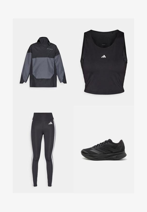 Černá a šedá, lehká pulovrová bunda s vysokým límcem, dlouhými rukávy a šikmou přední kapsou. Obsahuje logo na hrudi.; Černý sportovní crop top vyrobený z látky odvádějící vlhkost, s kulatým výstřihem, bez rukávů a bílým logem na hrudi.; Černé legíny s vysokým pasem, které mají bílé boční pruhy a malé bílé logo na horní levé stehně. Vyrobeny z hladkého, elastického materiálu.; Černé běžecké boty s prodyšným síťovaným svrškem, kulatou špičkou, elegantním designem, texturovanými detaily a polstrovanou podrážkou pro pohodlí.