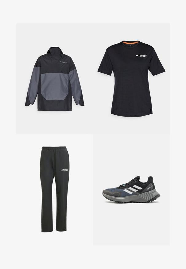 Melnas un pelēkas, viegla puloveru jaka ar augstu apkakli, garām piedurknēm un leņķveida priekšējo kabatu. Iezīmēta ar logotipu krūtīs.; Melns īsām piedurknēm T-krekls ar apaļu dekoltē, ar smalku heather tekstūru un baltu "TERREX" logo augšējā kreisajā pusē.; Melnas vieglas bikses ar elastīgu jostu. Satur diskrētu "TERREX" logo baltā krāsā. Gluda auduma un taisnu kāju dizains.; Sporta apavi ar sietu augšu melnā un zilā krāsā. Iespējas ietver baltas svītras, pelēku gumijas zoli un teksturētu vidus zoli, kas nodrošina saķeri.