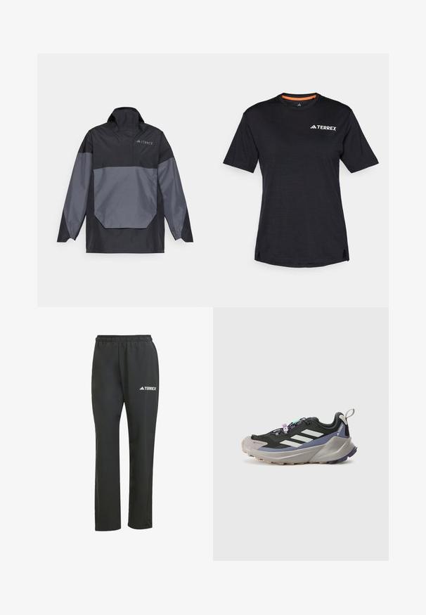 Svart och grå, lätt vikbar jacka med hög krage, långa ärmar och en vinkelrätt framficka. Har en logotyp på bröstet.; Svart kortärmad T-shirt med rund halsringning, med en subtil melerat struktur och vit "TERREX"-logotyp på den övre vänstra sidan.; Svarta lätta byxor med elastisk midja. Utrustade med en subtil "TERREX"-logotyp i vitt. Smidigt tyg och raka ben.; Svart idrottssko med Gore-Tex övre, vita ränder, lila accenter, tjock grå mellansole och texturerad grå yttersula för grepp.