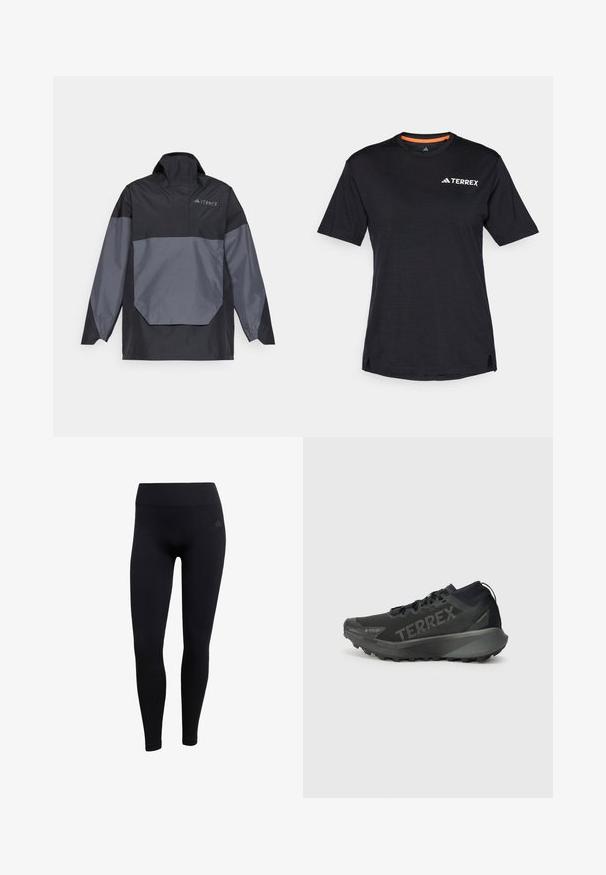 Black and gray, lightweight pullover jacket with a high collar, long sleeves, and an angular front pocket. Features a logo on the chest.; Black short-sleeve T-shirt with round neckline, featuring a subtle heather texture and white "TERREX" logo on the upper left side.; Black athletic leggings made of stretchy fabric, featuring a high waistband, fitted design, and ribbed ankle cuffs. Subtle brand logo.; Black Terrex running shoe with a textured upper, rigid sole, and prominent branding. Features a cushioned heel for support and traction.