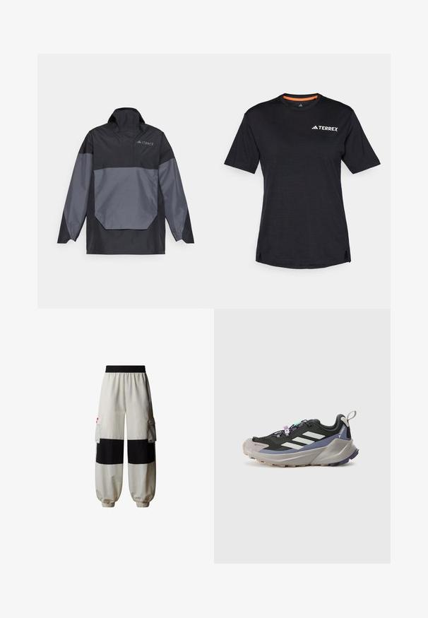 Schwarze und graue, leichte Pulloverjacke mit hohem Kragen, langen Ärmeln und einer winkligen Fronttasche. Mit einem Logo auf der Brust.; Schwarzes Kurzarm-T-Shirt mit Rundhalsausschnitt, das eine dezente melierte Textur aufweist und ein weißes "TERREX"-Logo auf der oberen linken Seite hat.; The North Face HIMALAYAN - Cargohose - white dune tnf black; Schwarzer Sportschuh mit Gore-Tex-Obermaterial, weißen Streifen, lila Akzenten, dicker grauer Zwischensohle und strukturiertem grauen Außensohle für besseren Halt.
