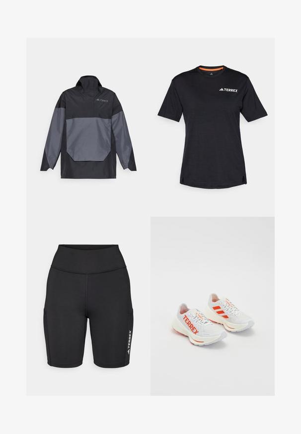 Fekete és szürke, könnyű pulóverdzseki magas gallérral, hosszú ujjal és szögletes elülső zsebbel. A mellkason logó található.; Fekete, rövid ujjú póló kerek nyakkivágással, finom melírozott textúrával, a bal felső sarokban fehér "TERREX" logóval.; Fekete atlétikai rövidnadrág rugalmas anyagból, magas derékkal, oldalsó zsebekkel és egy fehér logóval az egyik lábon.; Fehér futócipők narancssárga kiegészítőkkel. Hálós anyag, lekerekített orr, és vastag középtalpa. "TERREX" felirat a laterális oldalon és három csík a sarokrészen.