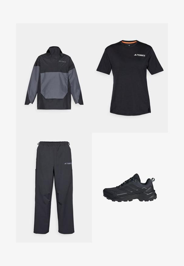 Schwarze und graue, leichte Pulloverjacke mit hohem Kragen, langen Ärmeln und einer winkligen Fronttasche. Mit einem Logo auf der Brust.; Schwarzes Kurzarm-T-Shirt mit Rundhalsausschnitt, das eine dezente melierte Textur aufweist und ein weißes "TERREX"-Logo auf der oberen linken Seite hat.; Schwarze, leichte Outdoor-Hosen mit elastischem Bund, Seitentaschen und einem Logo am oberen rechten Bein. Glattes, wasserabweisendes Material.; Schwarzer Wanderschuh mit Obermaterial aus Mesh und synthetischem Material, robuster Sohle, Dämpfungsschicht und schwarzen Schnürsenkeln. Verfügt über ein auffälliges Markenlogo an der Seite.