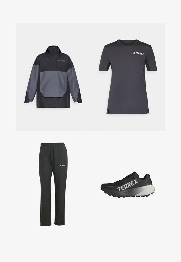 Črna in siva, lahka pulover jakna z visokim ovratnikom, dolgimi rokavi in vogalistim sprednjim žepom. Ima logotip na prsih.; Temno siva majica s kratkimi rokavi, izdelana iz lahkotnega materiala, z okroglim izrezom in belim logotipom TERREX na prsih.; Črne lahke hlače z elastičnim pasom. Imajo subtilen bel logotip "TERREX". Gladko blago in zasnova naravnih nogavic.; Črne športne čevlje za tek z strukturo zgornjega dela, vidnim logotipom "TERREX" v beli barvi, obliko podplata v ožjem stilu in gradijentnim sivo-odtenkom na peti.