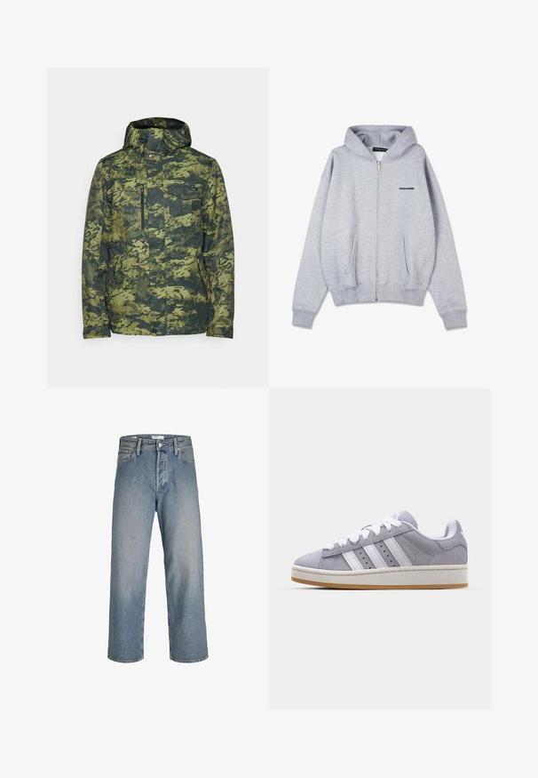 Tarnmuster-Jacke in Grüntönen. Verfügt über eine Reißverschlusstasche auf der Brust, eine verstellbare Kapuze und ein strukturiertes Material für Isolierung.; Grauer Reißverschluss-Hoodie aus weichem, geschleiftem Stoff. Besitzt eine Kängurutasche und gerippte Bündchen. Auf der Vorderseite befindet sich ein kleines schwarzes Logo auf der linken Brust.; Weißes Baumwoll-T-Shirt mit Rundhalsausschnitt, kurzen Ärmeln und geradem Saum. Auf der linken Seitennaht befindet sich ein kleines Markenzeichen.; Hellblaue Denim-Jeans mit lockerer Passform, hoher Taille und geraden Beinen. Mit Fronttaschen und einem Metallknopfverschluss.; Graue Wildledersneaker mit weißen Streifen, runder Spitze und Gummisohle. Besitzt Perforationen an der Seite und eine strukturierte Fersenschlaufe.