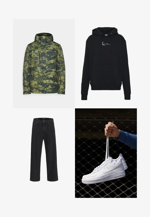 Zöld árnyalatú camouflázs minta alapján készült dzseki. Jellemzője a cipzáras mellzsebek, állítható kapucni és texturált szövet, amely hőszigetelést biztosít.; Fekete kapucnis pulóver puha anyagból, elülső zsebbel, húzózsinórral és fehér logóhímzéssel a mellkason. Klasszikus szabású és bordázott mandzsettával.; Fekete egyenes szárú farmernadrág gombos és cipzáras záródással, övhurkokkal, valamint elülső és hátsó zsebekkel.; Fehér bőr sportcipők perforációval, kerek orral, lapos talppal és vastag fűzőkkel, látható swoosh logóval és "AIR" felirattal a sarokrészen.
