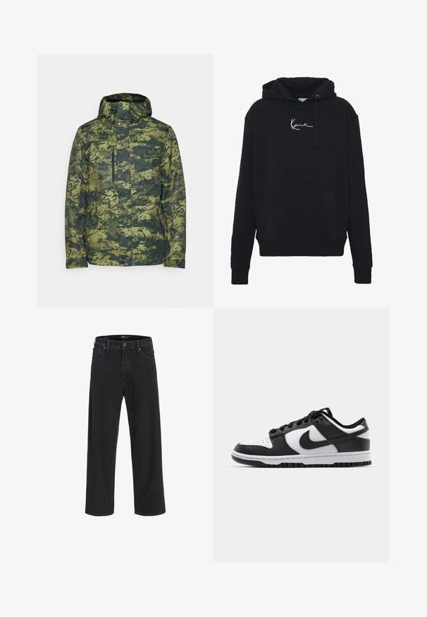 Tarnmuster-Jacke in Grüntönen. Verfügt über eine Reißverschlusstasche auf der Brust, eine verstellbare Kapuze und ein strukturiertes Material für Isolierung.; Schwarzer Hoodie aus weichem Material, mit einer Fronttasche, Kordelzügen und weißer Logo-Stickerei auf der Brust. Klassische Passform und gerippte Bündchen.; Schwarze gerade geschnittene Jeans aus Denim mit Knopf- und Reißverschluss, Gürtelschlaufen sowie Vorder- und Gesäßtaschen.; Schwarze und weiße Nike Dunk Sneakers mit einem Obermaterial aus Leder, perforierter Zehenpartie, schwarzen Schnürsenkeln und einer schwarzen Gummisohle mit Profildesign.