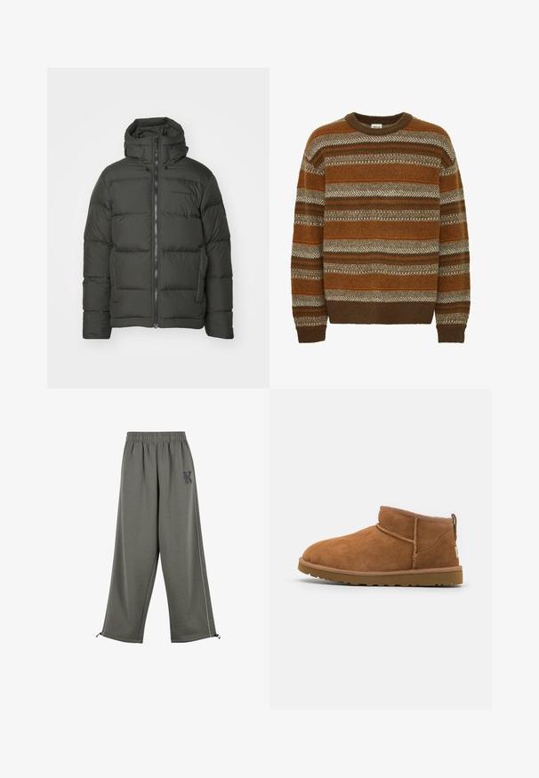 Peak Performance RIVEL JACKET - Jachetă cu puf - olive extreme; Solid SDMAXWELL - Pulover - slate black; Karl Kani KK OS SIDESTRIPE - Pantaloni - grey; Botină antrenașă din suede bej, cu vârf rotund, detalii subtile de cusătură și o talpă din cauciuc texturată. Înălțime scurtă fără șireturi.