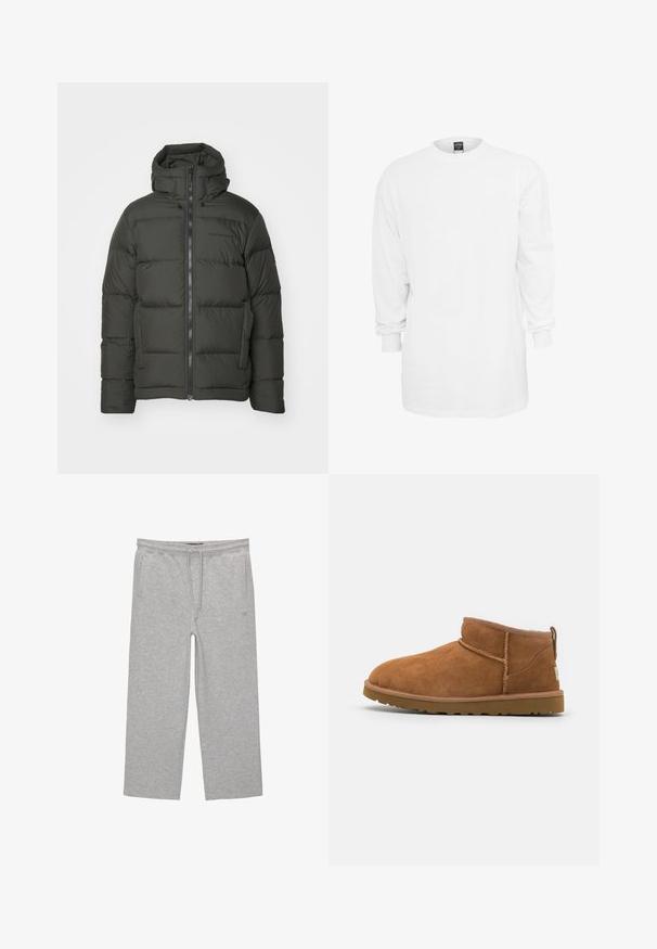 Peak Performance RIVEL JACKET - Piumino - olive extreme; Maglietta a maniche lunghe bianca in cotone con scollo rotondo, vestibilità ampia e polsini a costine. Design semplice, senza grafiche o motivi.; Pantaloni lounge grigi in cotone con cintura elastica, cordoncino e due tasche laterali; design a gamba dritta, morbida al tatto, senza motivi.; Stivaletto in camoscio color tan con punta rotonda, dettagli di cucitura discreti e suola in gomma texture. Altezza ridotta senza lacci.