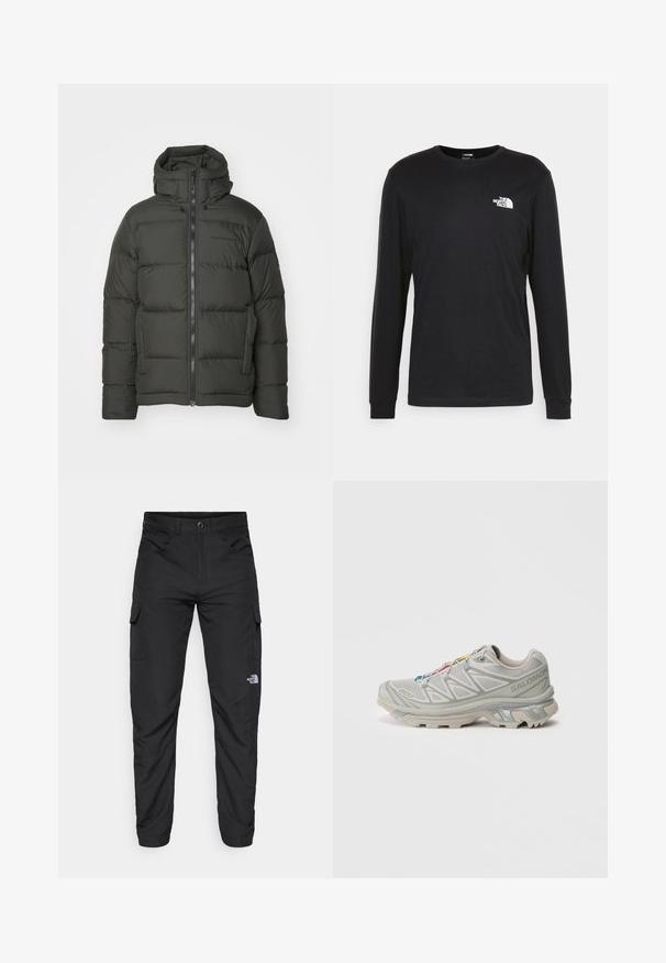 Peak Performance RIVEL JACKET - Jakna ispunjena paperjem - olive extreme; Crna majica dugih rukava od pamuka, s bijelim logotipom na lijevoj strani prsnog koša i rebrastim manžetama. Glatka tekstura s okruglim dekolteom.; The North Face HORIZON PANT - Hlače za otvoreno - black; Svijetlo siva atletska cipela s teksturiranim mrežastim gornjim dijelom, reflektirajućim detaljima, izraženim potplatom i šarenim vezicama. Ima potporni dizajn.