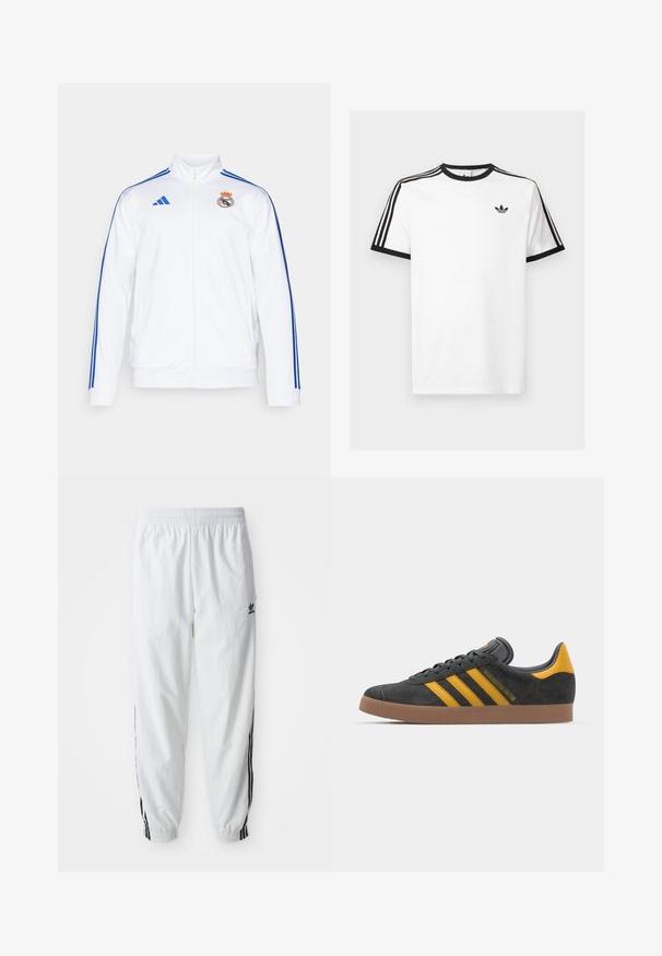 Valkoinen urheilutakki, jossa on siniset raidat, korkea kaulus, täysi vetoketju ja Real Madrid -logo vasemmassa rinnassa. Valmistettu kevyistä materiaaleista.; Valkoinen puuvillapaita, jossa on mustat ribbiääriviivat kauluksessa ja hihoissa, ja kummassakin olkapäässä kolme mustaa raitaa sekä pieni logo rinnassa.; Valkoiset urheiluhousut, joissa on mustat sivupainatukset, joustava vyötärö ja hihnat; vasemmassa reidessä Adidas-logo. Suora kangastyyppi.; Mustat samettiset tennarit, joissa on keltaisia yksityiskohtia, kolmonen raita ja ruskea kumipohja. Sisältää pehmustetun kielisen mukavuutta varten.