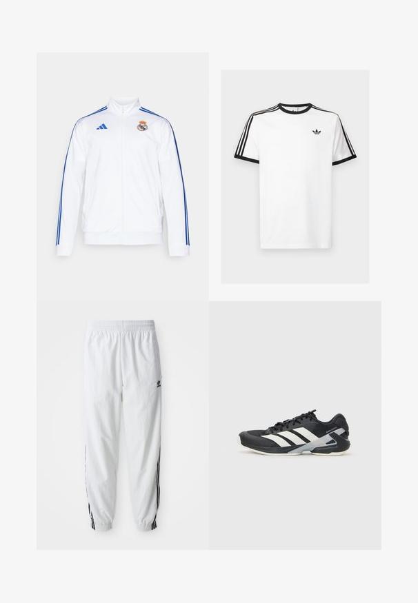 Bela športna jakna z modrimi progi, visok ovratnik, poln zadrgo in logotip Real Madrid na levi prsni strani. Narejena iz lahkega materiala.; Bela bombažna majica s črnimi rebrastimi ovratnikom in rokavi, ki ima na vsaki rami tri črne črte in majhen logotip na prsih.; Bela športna hlače z črnimi stranskimi črtami, elastičnim pasom in manšetami; vsebujejo logotip Adidas na levem stegnu. Gladek občutek tkanine.; Črne atletske čevlje z belimi črtami, mrežastim zgornjim delom, zaobljenim nosom in blaženim podplatom. Imajo teksturiran petni del in varen sistem vezalk.