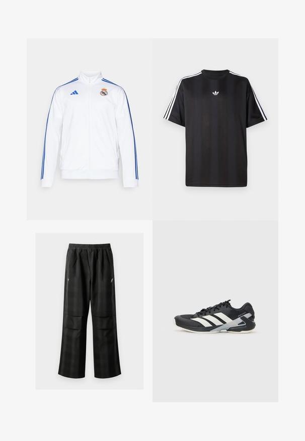 Sacou alb de sport cu dungi albastre, guler înalt, fermoar pe toată lungimea și logo-ul Real Madrid pe pieptul stâng. Fabricat dintr-un material ușor.; Tricou negru cu mânecă scurtă, cu detalii albe cu trei dungi pe umeri și un mic logo alb pe piept. Textură de țesătură netedă.; Pantaloni cu un model carourile negre, având talie elastică, două buzunare frontale și un croi lejer cu picioare drepte. Construiți dintr-un material ușor.; Pantofii sport negri cu dungi albe, superior din plasă, vârf rotunjit și talpă îmbunătățită pentru amortizare. Au o călcătură texturată și un sistem de șireturi securizat.