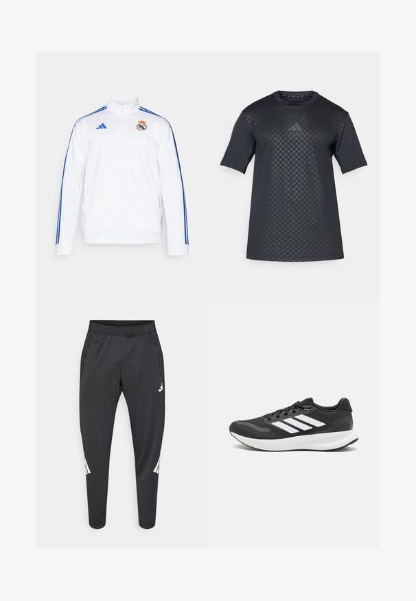 Biely športový kabát s modrými pruhmi, vysoký golier, plný zips a logo Real Madrid na ľavej strane hrudníka. Vyrobený z ľahkého materiálu.; Čierna krátka košeľa s krátkym rukávom, ktorá má na prednej strane textúrovaný geometrický vzor a hladký zadok, vyrobená z ľahkého a priedušného materiálu.; Čierne športové nohavice so zúženými nohavicami, elastickým pásom, bočnými vreckami a bielym logom a pruhmi. Vyrobené z hladkého, ľahkého materiálu.; Čierna športová obuv s priedušným sieťovaným zvrškom, bielymi akcentmi a polstrovanou podrážkou. Na bočnej strane sa nachádza logo so tromi pruhmi.
