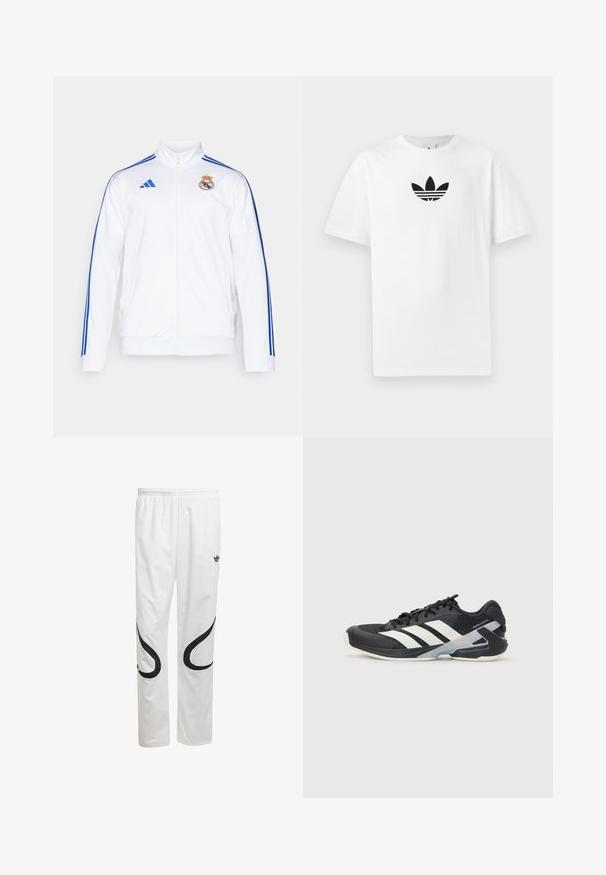 Baltas sporta žakets ar zilām svītrām, augstu apkakli, pilnu rāvējslēdzēju un Real Madrid logotipu kreisajā krūtī. Izgatavots no viegla materiāla.; Balta kokvilnas T-kreklu ar melnu Adidas logo centrā. Īsas piedurknes un apaļas kakla izgriezums. Gluda tekstūra.; Baltas sporta bikses ar gludu faktūru, ar melniem izliektiem rakstiem sānos un melnu logo pie jostasvietas.; Melnas sporta kurpes ar baltām svītrām, acs augšdaļa, noapaļots pirksts un mīksts zole. Iespējams ar teksturētu papēdi un drošu šņoru sistēmu.