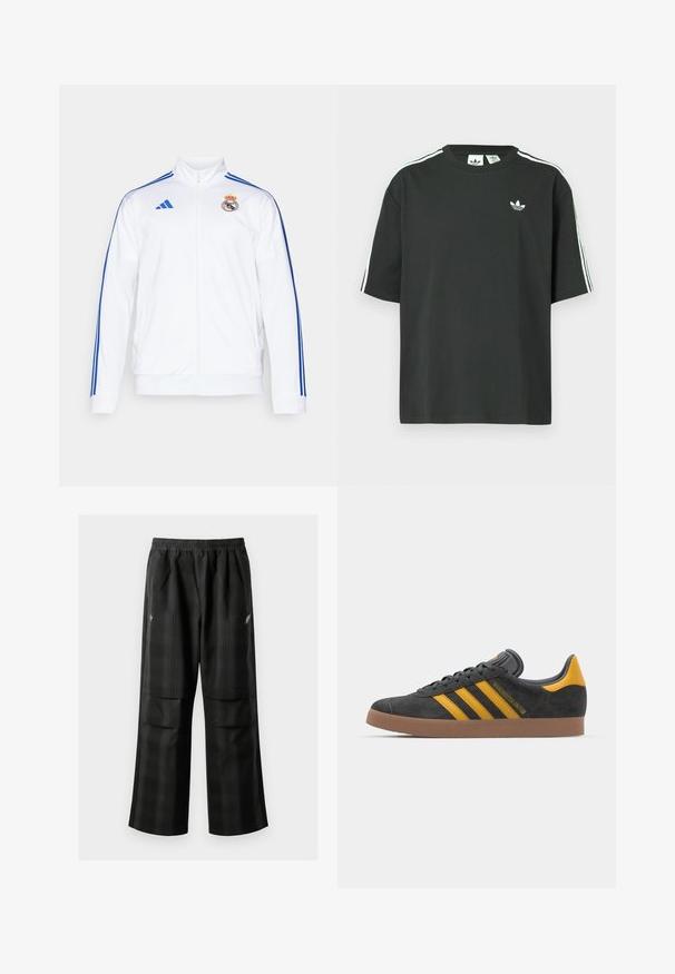 Valkoinen urheilutakki, jossa on siniset raidat, korkea kaulus, täysi vetoketju ja Real Madrid -logo vasemmassa rinnassa. Valmistettu kevyistä materiaaleista.; Musta puuvillainen t-paita, jossa on lyhyet hihat, pyöreä pääntie ja valkoiset kolmen raidan yksityiskohdat olkapäillä. Rinnan kohdalla on pieni valkoinen logo.; Mustat ruudulliset housut, joissa on joustava vyötärö, kaksi etutaskua ja rento istuvuus suoralla lahkeella. Valmistettu kevyestä materiaalista.; Mustat samettiset tennarit, joissa on keltaisia yksityiskohtia, kolmonen raita ja ruskea kumipohja. Sisältää pehmustetun kielisen mukavuutta varten.