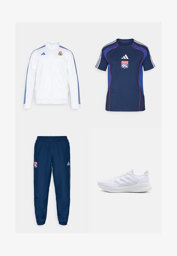 White sports jacket with blue stripes, high collar, full zipper, and Real Madrid logo on the left chest. Made from lightweight material.; Navy blue athletic shirt with red accents, three white stripes on shoulders, featuring the Olympique Lyonnais logo on the front.; Blue athletic pants with an elastic waistband, featuring white side stripes and the logo of Olympique Lyonnais on the left thigh.; White athletic shoes featuring a textured mesh upper, supportive cushioned sole, and three stripe design on the side.
