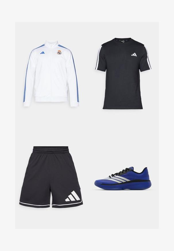 Hvit sportsjakke med blå striper, høy krage, hel glidelås og Real Madrid-logo på venstre bryst. Laget av lett materiale.; Svart T-skjorte laget av bomull med korte ermer, med hvite striper på skuldrene og en hvit logo på venstre bryst.; Svart idrettsshorts med elastisk midje, hvite detaljer og en skrå tre-stripes logo nederst til venstre. Teksturert stoff.; adidas Performance ADIZERO SELECT 3.0 - Basketballsko - lucid blue/core black/metallic