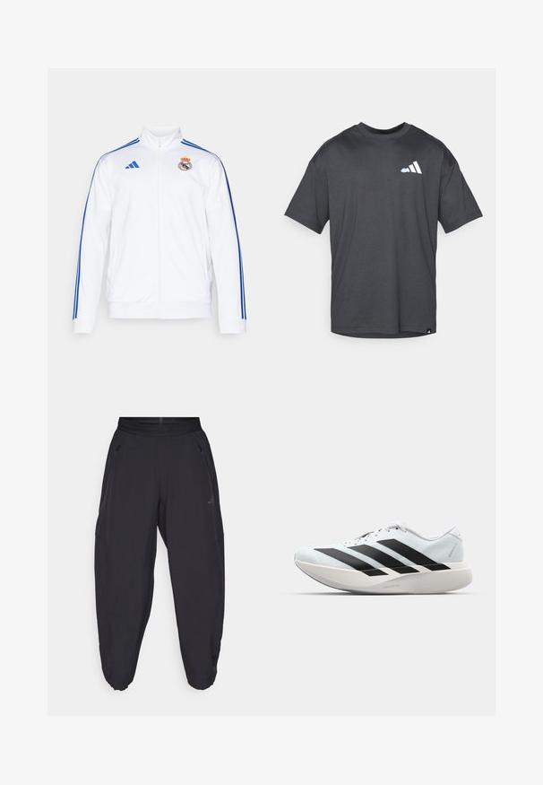 Sacou alb de sport cu dungi albastre, guler înalt, fermoar pe toată lungimea și logo-ul Real Madrid pe pieptul stâng. Fabricat dintr-un material ușor.; Tricou scurt cu mânecă, de culoare gri închis, cu un logo mic alb și albastru deschis pe pieptul stâng și un eticheta mică aproape de marginea de jos.; Pantaloni atletici negri cu talie elastică, buzunare laterale cu fermoar, picioare tapered și un logo subtil pe coapsa dreaptă.; Pantofi de alergare ușori în albastru deschis cu dungi negre. Au un superior neted, vârf rotund și o intermediară groasă albă etichetată "LIGHTSTRIKE PRO."