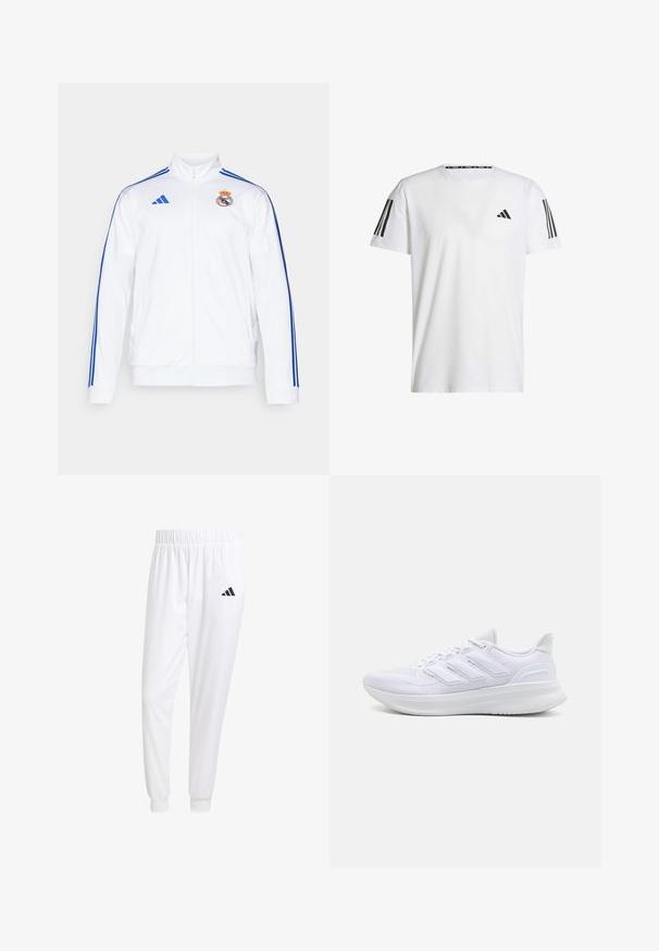 Witte sportjas met blauwe strepen, hoge kraag, volledige rits en Real Madrid-logo op de linkerborst. Gemaakt van lichtgewicht materiaal.; Witte T-shirt met korte mouwen, gemaakt van ademend materiaal, met een zwart driehoekig logo en drie zwarte strepen op elke schouder.; Witte sportbroek van gladde stof, met een elastische tailleband en smalle taillebanden, voorzien van een zwart logo op de achterzak.; Witte sportschoenen met een gestructureerde mesh bovenkant, een ondersteunende gevoerde zool en een ontwerp met drie strepen aan de zijkant.