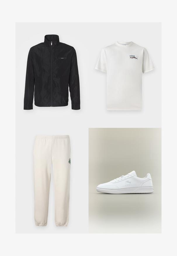 Čierna bunda na zips vyrobená z hladkého, ľahkého materiálu. Má vysoký golier, elastické manžety a malú nášivku s logom na ľavej hrudi.; Biela bavlnená tričko s okrúhlym výstrihom, krátkymi rukávmi a malou vyšívanou nášivkou s motívom hôr a textom na ľavej hrudi.; Svetlo béžové tepláky z bavlny s elastickým pásom, rebrovanými manžetami a zeleným logom s dizajnom listu na ľavej nohe.; Biele kožené tenisky s okrúhlou špičkou, viazaním a nízkym profilom podošvy. Obsahujú perforované detaily a embosované logo.
