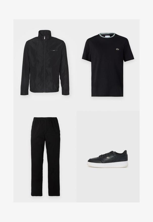 Black zip-up jacket made of smooth, lightweight fabric. Features a high collar, elastic cuffs, and a small logo patch on the left chest.; Black cotton t-shirt with a crew neck, featuring a white and green striped trim, and embroidered green crocodile logo on the left chest.; Black pants made of cotton blend fabric, featuring a straight cut, elastic waistband with button, and no visible patterns or accents.; Black leather sneaker with white sole, featuring a rounded toe, lace-up design, and a subtle logo on the side. Textured upper accents.